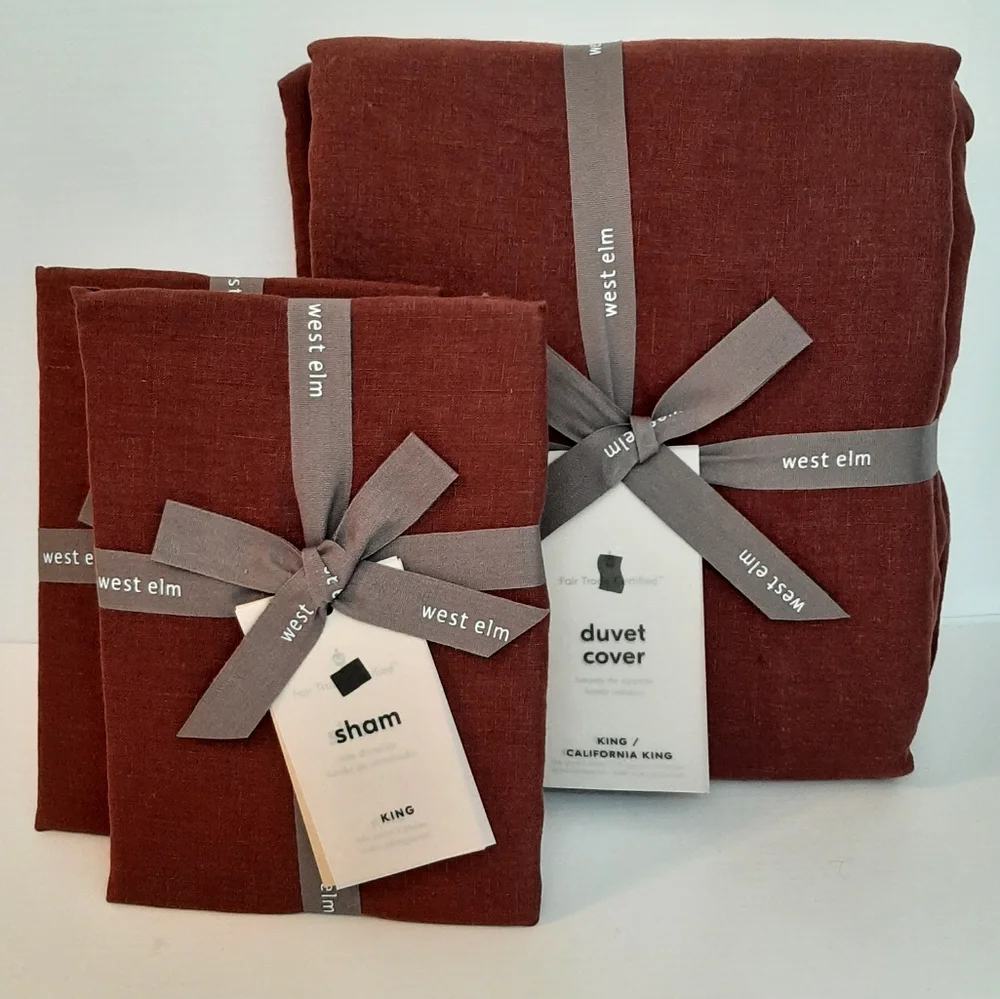 West Elm European Flax Linen King Duvet Cover & 2 King Shams Currant Red